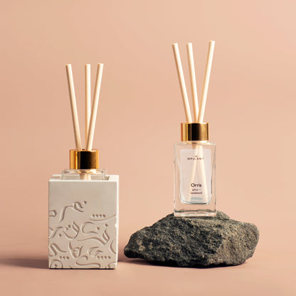 Two diffusers, one with a concrete base and the other on a rock, against a beige background.