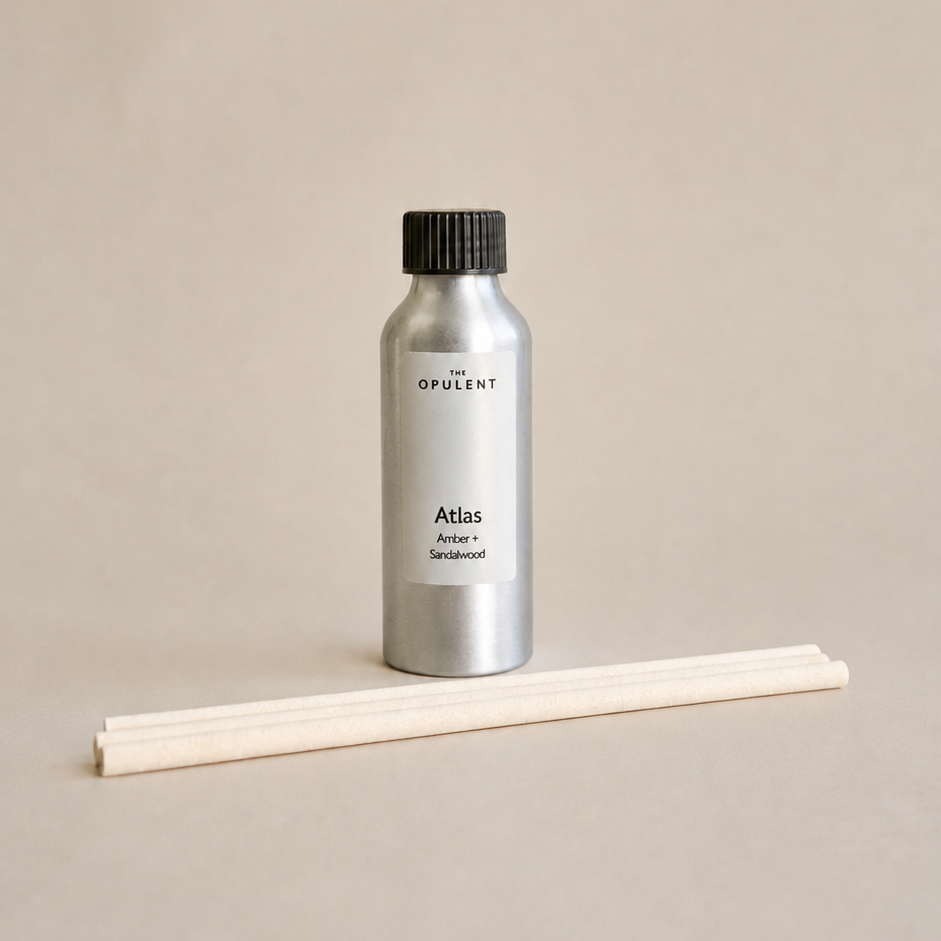 Atlas reed diffuser refill by The Opulent, a luxury home fragrance refill designed to replenish The Opulent reed diffusers.