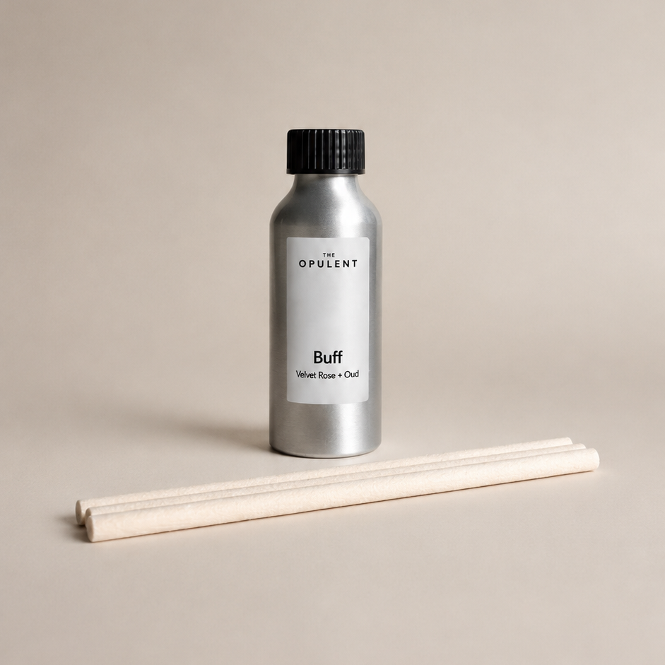 Buff reed diffuser refill by The Opulent, a luxury home fragrance refill designed to replenish The Opulent reed diffusers.