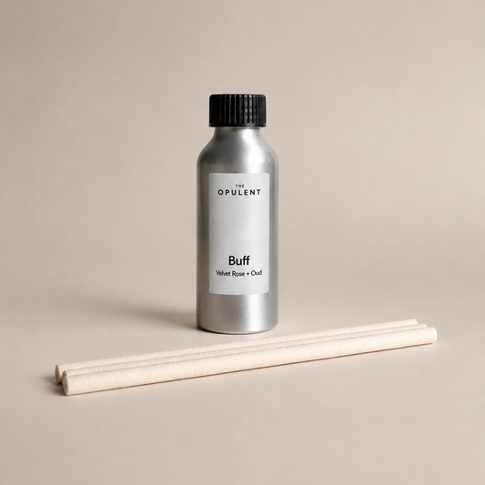 Buff reed diffuser refill by The Opulent, a luxury home fragrance refill designed to replenish The Opulent reed diffusers.