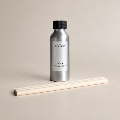 Ivory reed diffuser refill by The Opulent, a luxury home fragrance refill designed to replenish The Opulent reed diffusers.