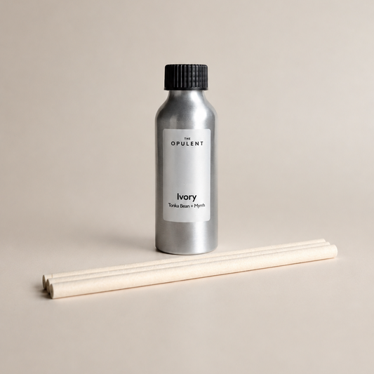 Ivory reed diffuser refill by The Opulent, a luxury home fragrance refill designed to replenish The Opulent reed diffusers.