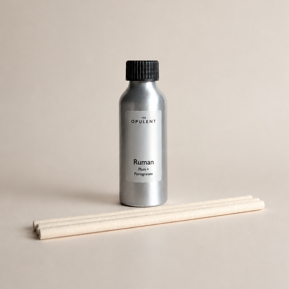 Ruman reed diffuser refill by The Opulent, a luxury home fragrance refill designed to replenish The Opulent reed diffusers.