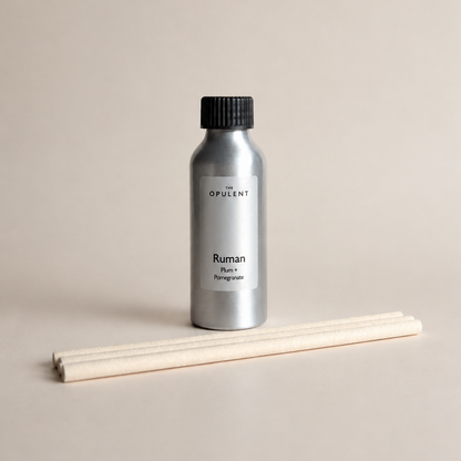Ruman reed diffuser refill by The Opulent, a luxury home fragrance refill designed to replenish The Opulent reed diffusers.