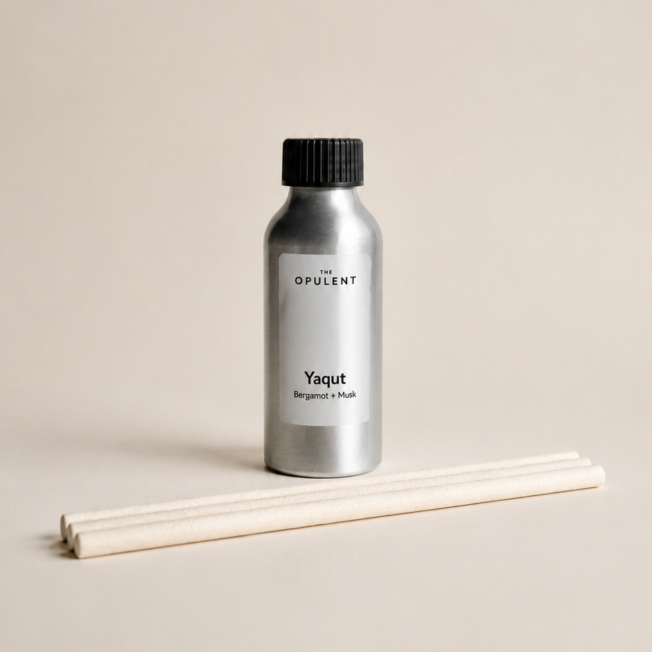 Yaqut reed diffuser refill by The Opulent, a luxury home fragrance refill designed to replenish The Opulent reed diffusers.