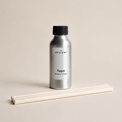 Yaqut reed diffuser refill by The Opulent, a luxury home fragrance refill designed to replenish The Opulent reed diffusers.